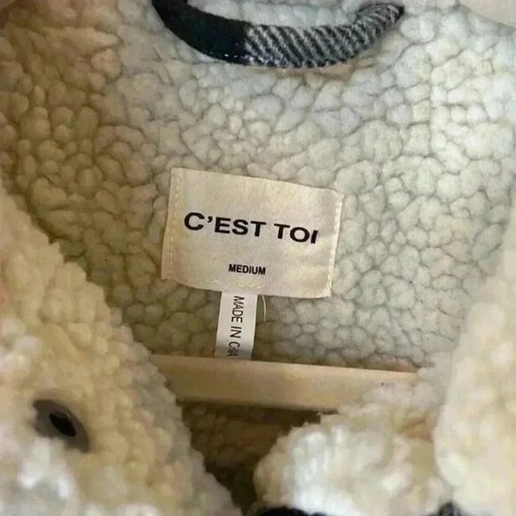 C'EST TOI BUFFALO CHECK PLAID BLACK WHITE JACKET WITH SHERPA LINING SIZE‎ MEDIUM - Picture 2 of 8